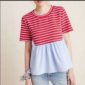 Anthropologie Red White and Blue Striped Peplum Tee Shirt